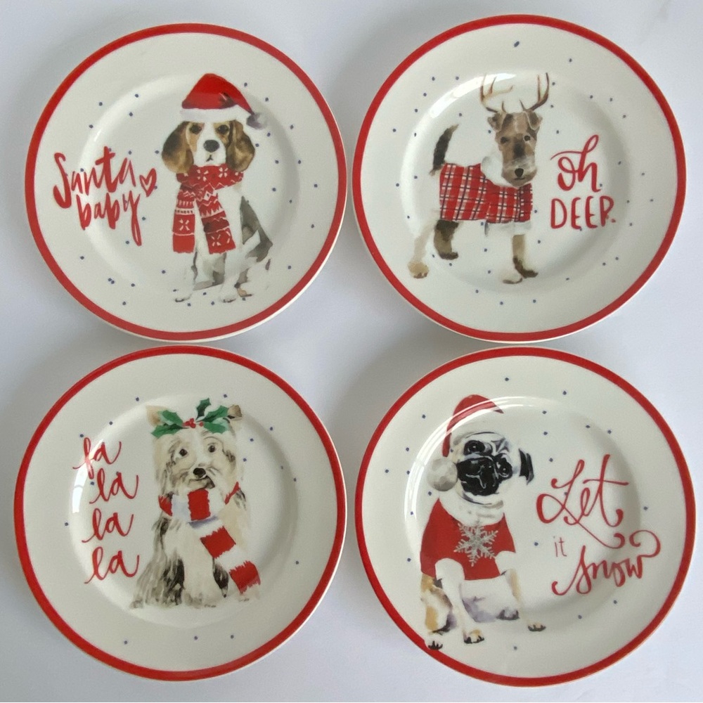 Dog Christmas Plates Set Of appetizers Ceramic Pug Beagle Deer 5.5” wide Puppy